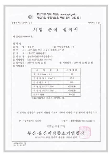 Urethane Cushion Buffer Certificate of Test & Analysis Result